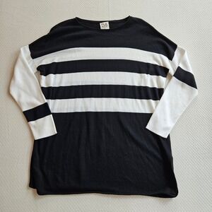 Planet by Lauren G Striped Pima Cotton Modal Tunic Sweater Black White OS Luxury